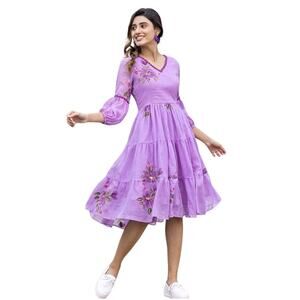 Boho Purple Floral Embroidered Tiered Midi Dress V-Neck Peasant Cottagecore Sz S